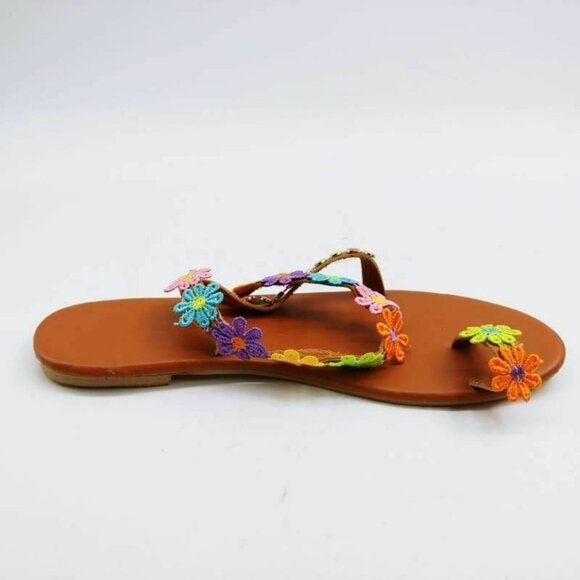 Womens Flat Sandal Brown Multicolor Floral 9.5 New - Picture 2 of 9